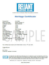 Scimitar GTHeritage Certificate