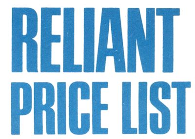 Reliant Price List